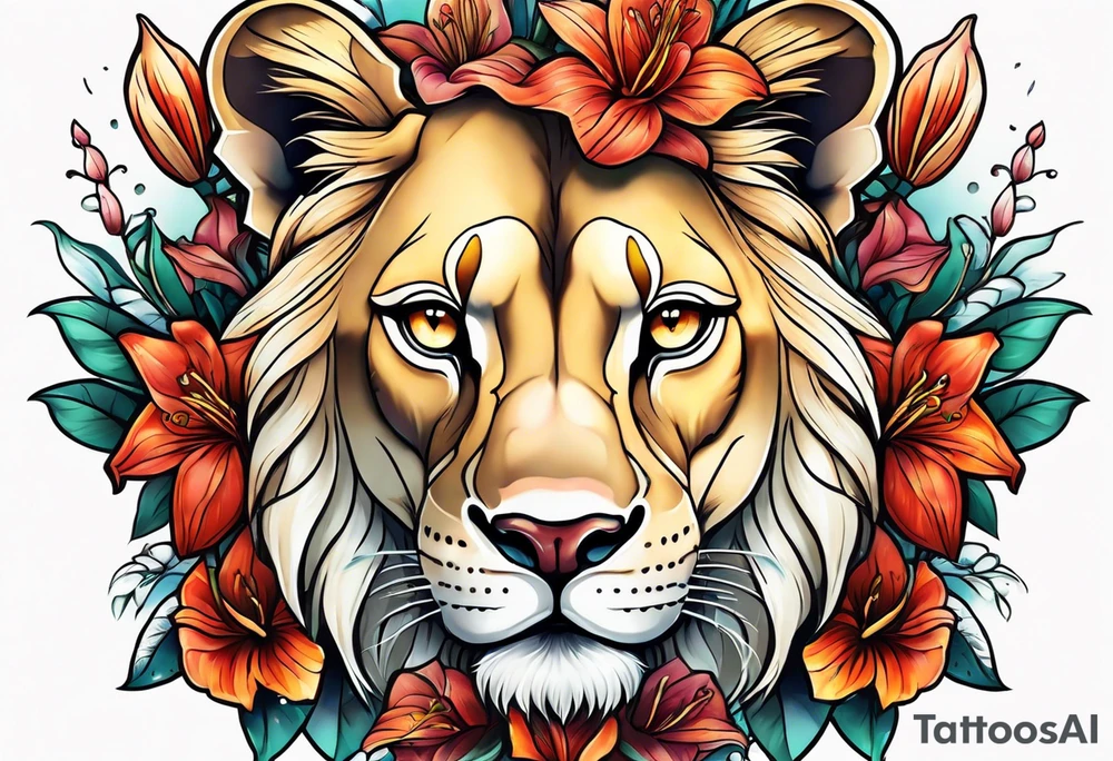 Lioness with lilies and color all over tattoo idea