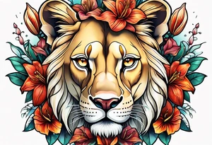 Lioness with lilies and color all over tattoo idea