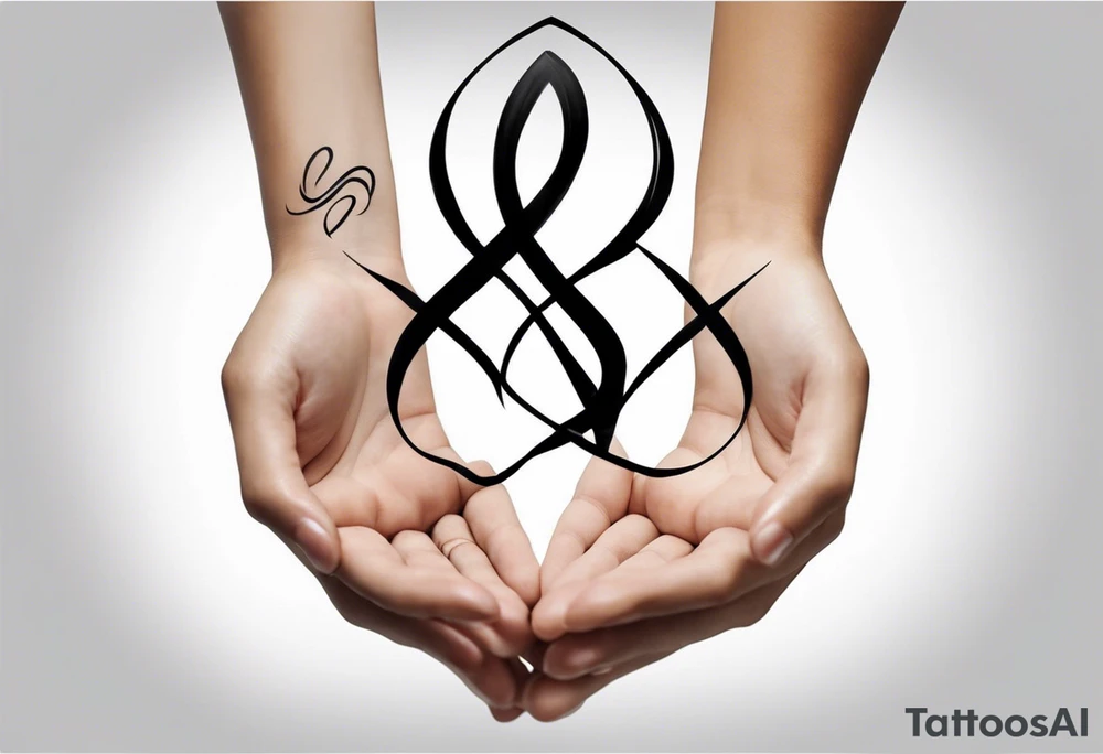 "A minimalist tattoo design symbolizing deep friendship, centered around the name 'Düha.' The design features two intertwined hands, representing trust and support, with a delicate infinity symbol subtly woven into the lines of the hands, indicating eternal friendship. Surrounding the hands, soft abstract elements like flowing lines or watercolor splashes gently frame the name 'Düha' written in elegant script, giving the design a personal and timeless touch. The overall style should evoke warmth, connection, and loyalty." tattoo idea