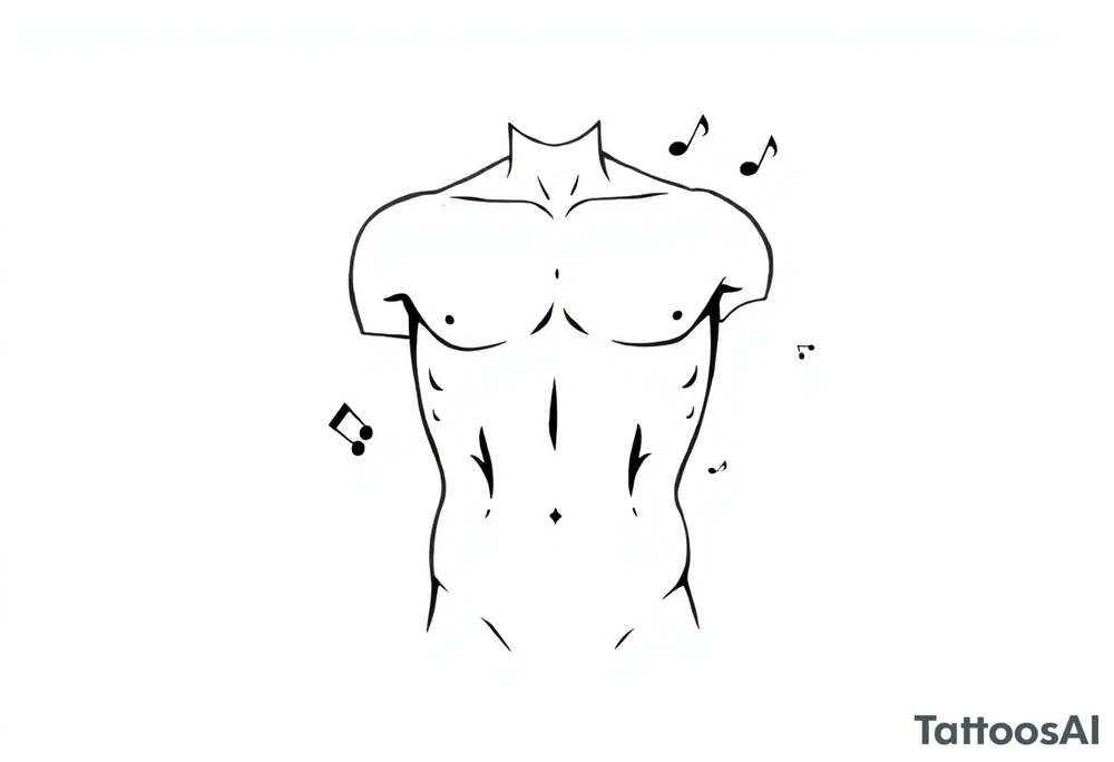 Male Greek statue torso. No arms, legs or head. Fit and muscular. Simple design. Hard lines and angles. A few creative arts symbols like music notes scattered around the torso and partially behind it. tattoo idea