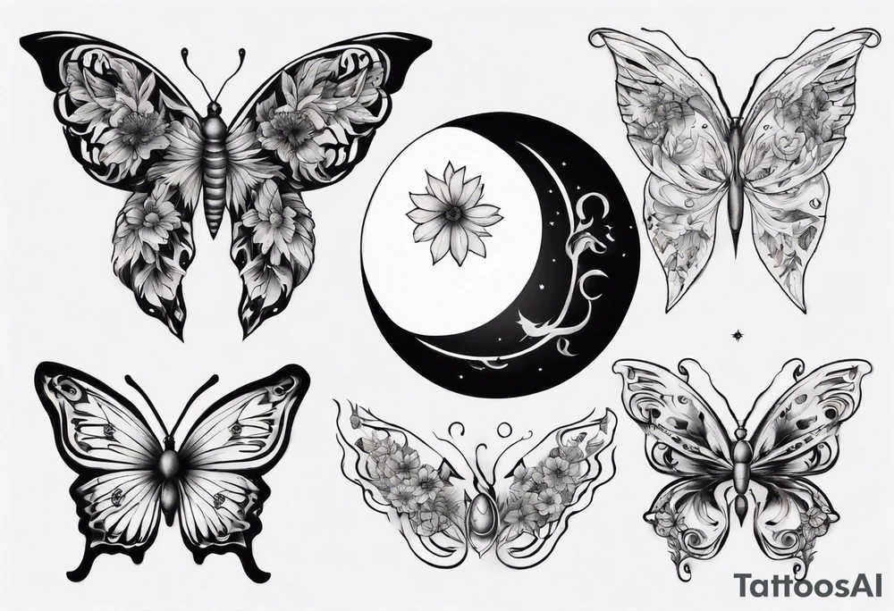 Butterfly wrap tattoos with large centre piece with moon and floral theme tattoo idea