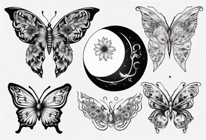Butterfly wrap tattoos with large centre piece with moon and floral theme tattoo idea