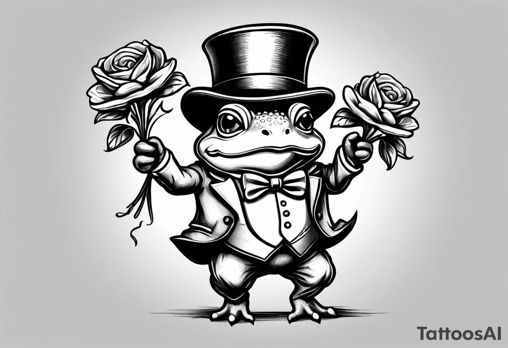 Cute toad standing on back legs  in a top hat and a formal suit holding flowers to go on a date tattoo idea