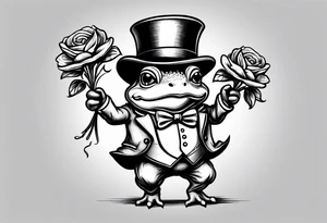 Cute toad standing on back legs  in a top hat and a formal suit holding flowers to go on a date tattoo idea