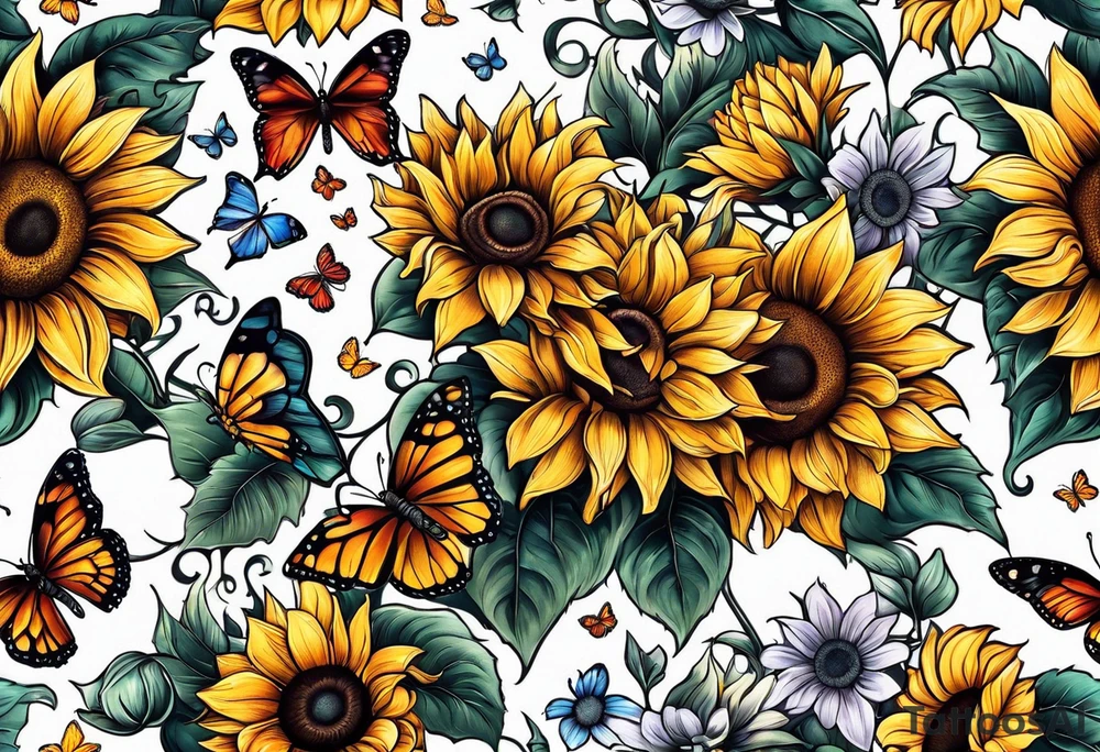 Arm sleeve with sunflowers and butterflies tattoo idea