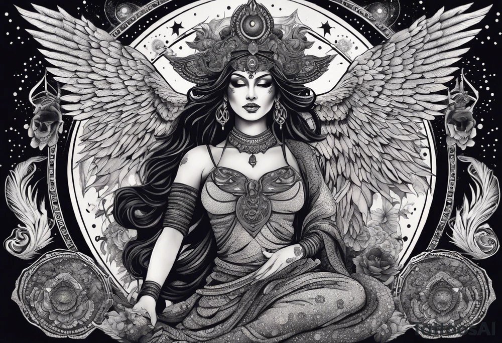 black kali, goddess pirate, alien, angel, pachamama, valkrye, warrior, flying, skull, lotus azul, wing, eagle, zenza resonance, stars, 5D, anahata chakra, death, durga, riding on a tiger, flying lady, kundalini, chest tatoo, samuri, rebel,serpent tattoo idea