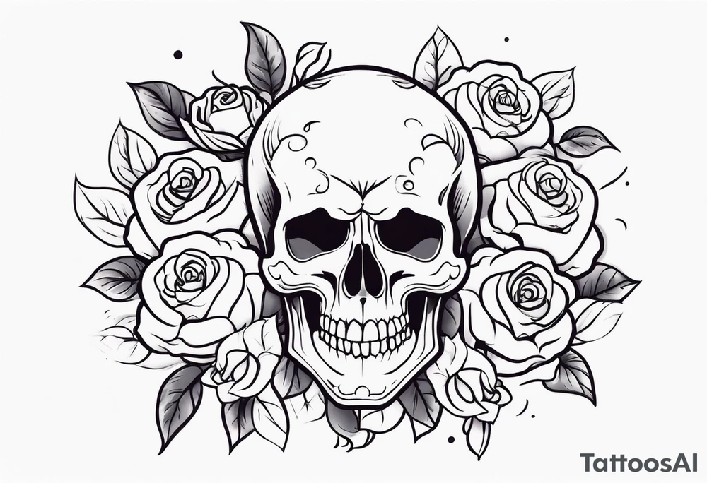 Gray skull smiling on bed of colorful roses tattoo idea