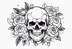 Gray skull smiling on bed of colorful roses tattoo idea