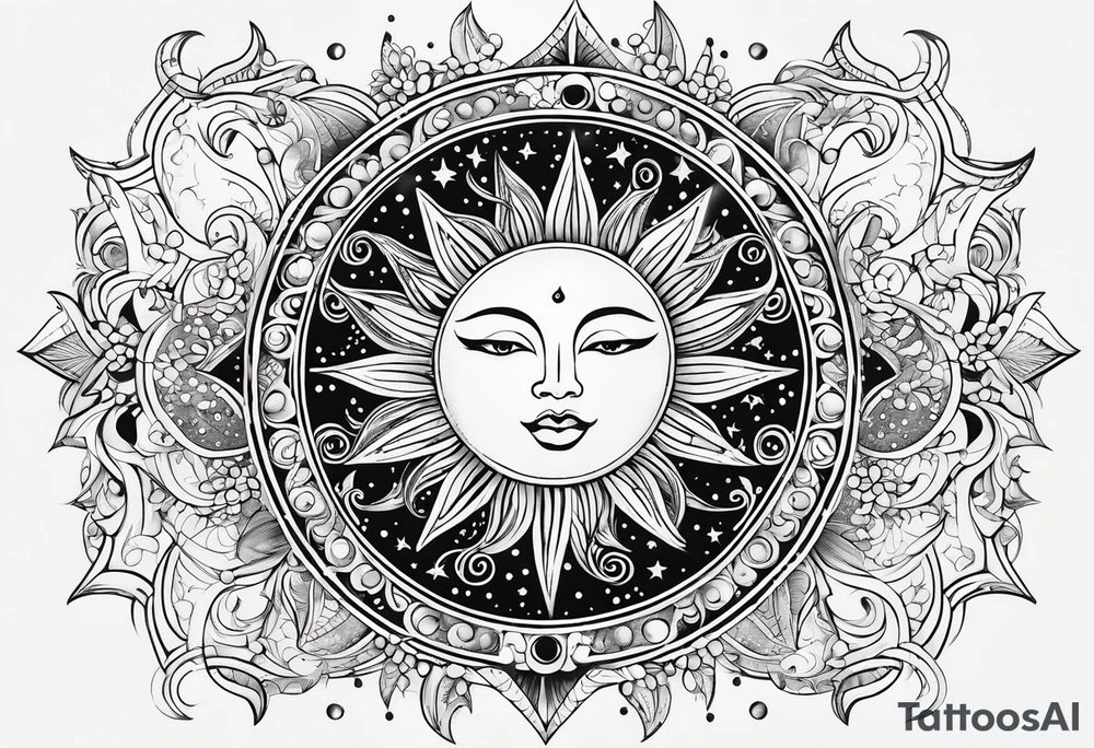 Feminine Sun and moon. long rectangular sternum swirls with dots and stars tattoo idea