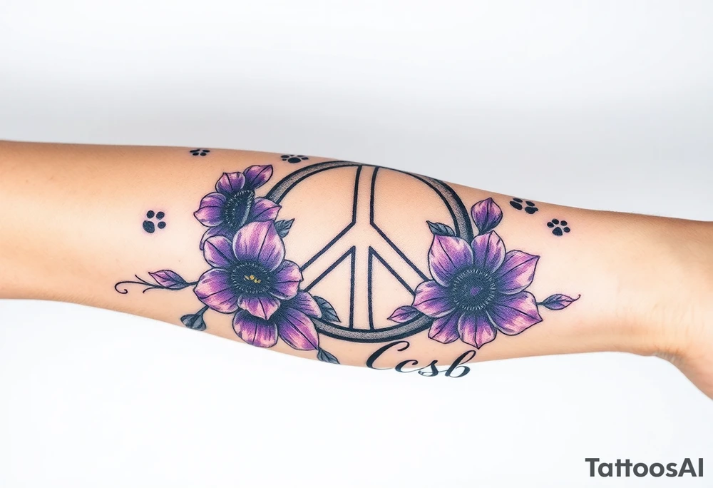peace symbol intertwined with violets Pisces symbol, dog prints, amethyst, initials csb in cursive font tattoo idea