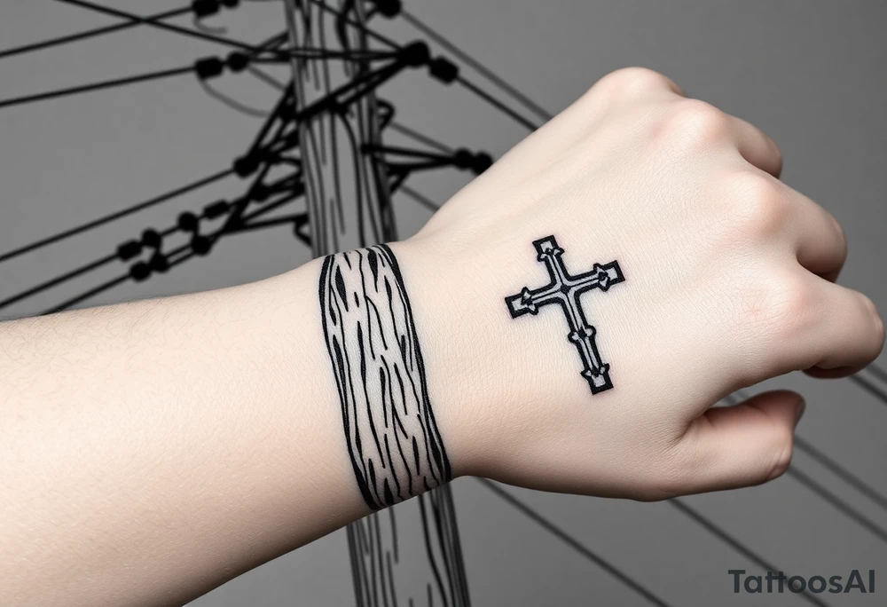 a wooden 12kv distribution pole with electrical lines. Make the pole a cross that has a hidden resemblance to god. tattoo idea