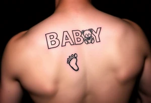 Baby letter blocks, girl, teddy bear, baby foot print tattoo idea