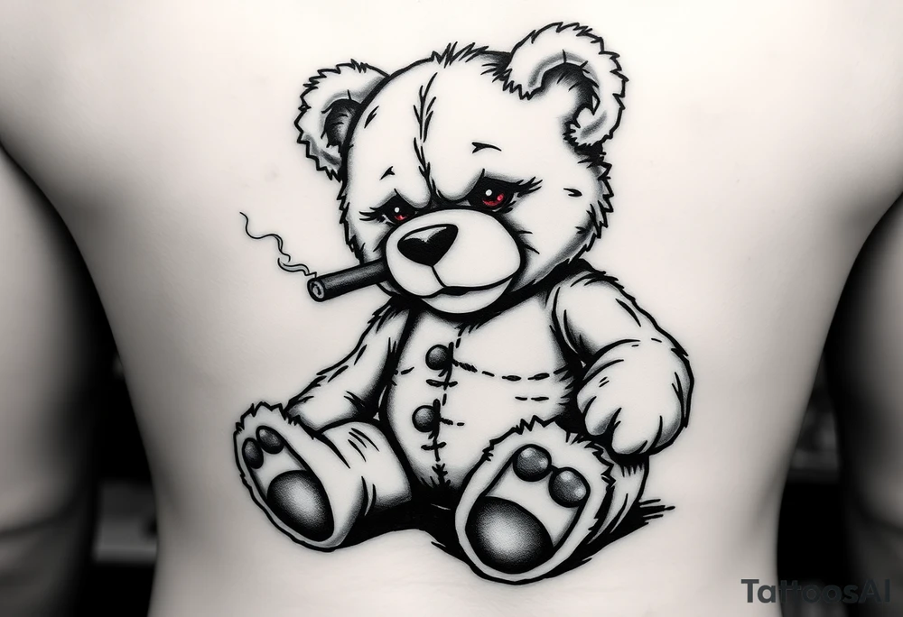 A black and white realistic tattoo design of a rebellious teddy bear. The bear looks worn out, with visible stitches, a torn ear, and a button eye. Some stuffing is peeking through its seams. It sits in a relaxed but tough pose, holding a smoking cigar in one paw. The bear has a smug yet tired expression, showing that it has been through a lot. Its eyes glow red as a minimal color accent. The style is detailed, dark, and edgy, perfect for a tattoo. tattoo idea