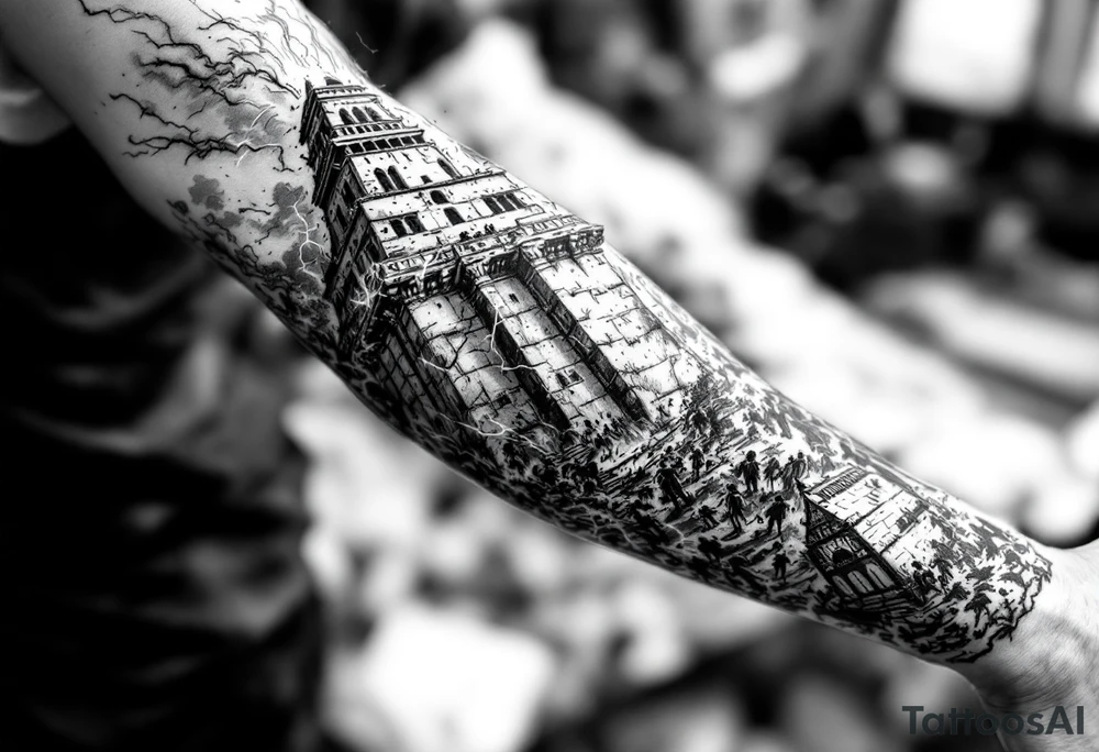 this will be a right arm sleeve.

A crumbling tower struck by lightning, with people scattering in chaos.
Fire raining down from heaven on a burning city, with smoke rising.
A blazing altar with fire falling from heaven
 Floodwaters overtaking the earth, with an ark in the distance. tattoo idea