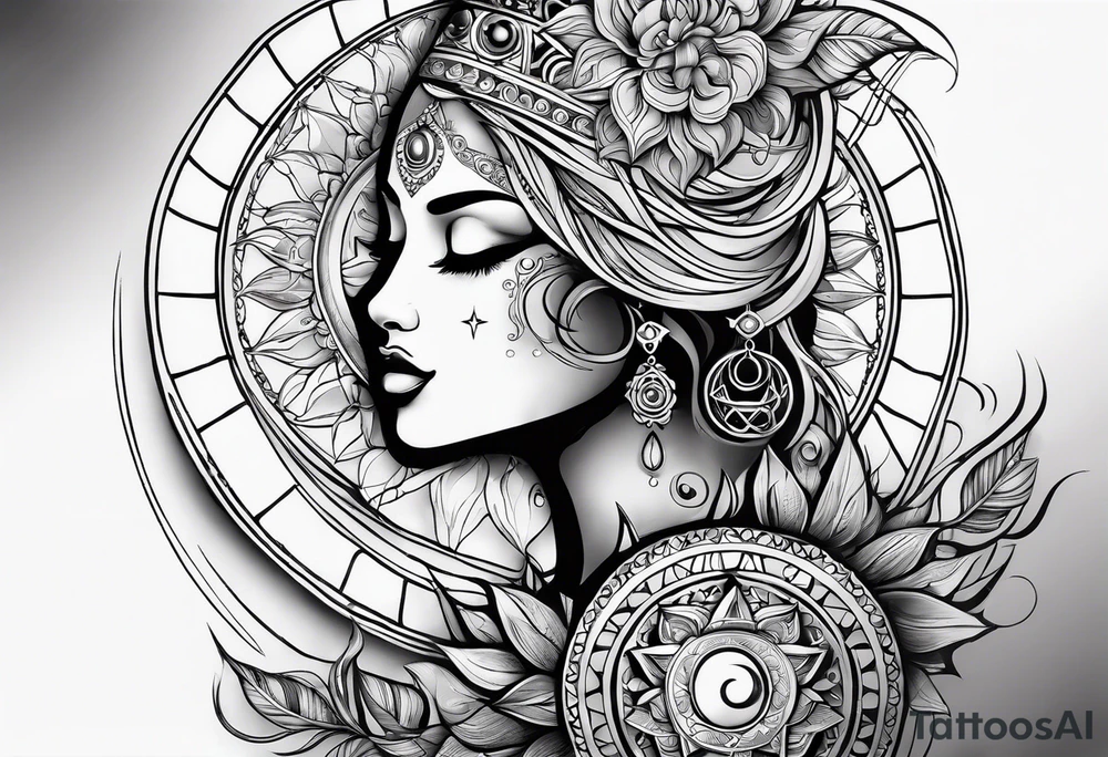 Full sleeve tattoo with large outlines that has the sun and moon intertwined with the 7 chakra symbols that perfectly embodies the divine feminine tattoo idea