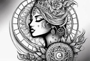 Full sleeve tattoo with large outlines that has the sun and moon intertwined with the 7 chakra symbols that perfectly embodies the divine feminine tattoo idea