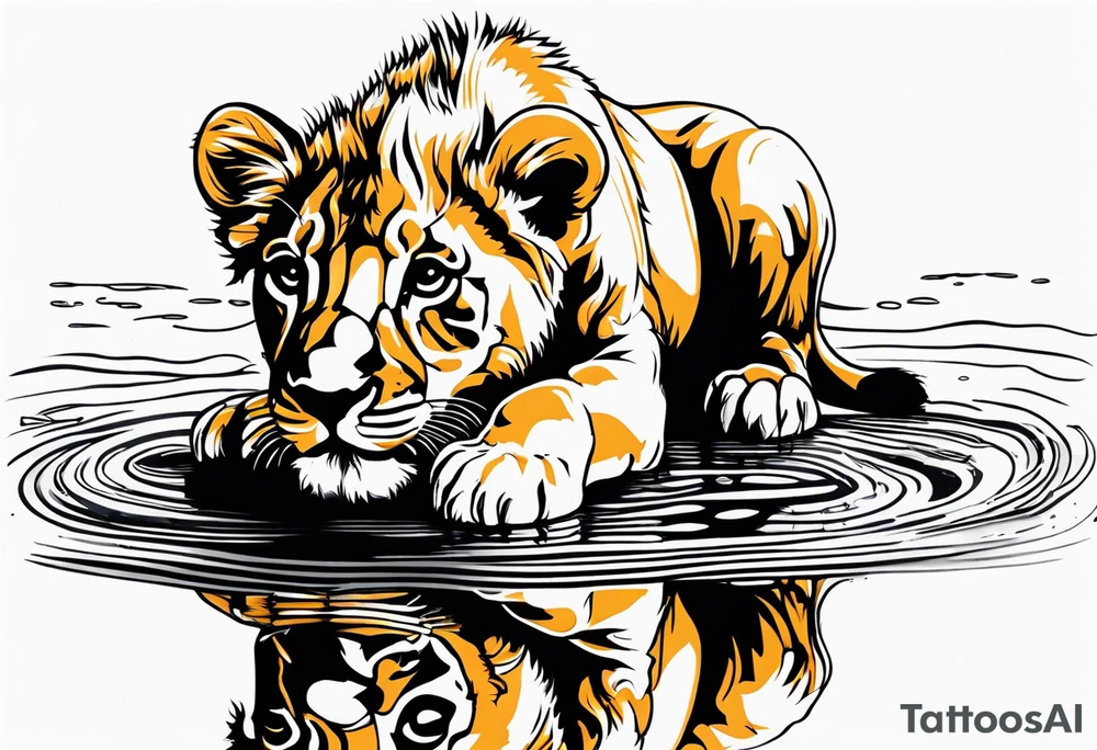 a baby lion looking in a puddle of water at his reflection which shows a full grown lion tattoo idea