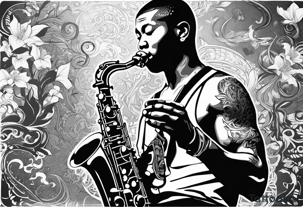 Muay Thai boxer with strong body is playing jazz on a Selmer tenor saxophone in an American jazz club front of a new orleans jazz trio band. The music notes are coming out from the saxophone and turning into buddhist symbols. tattoo idea