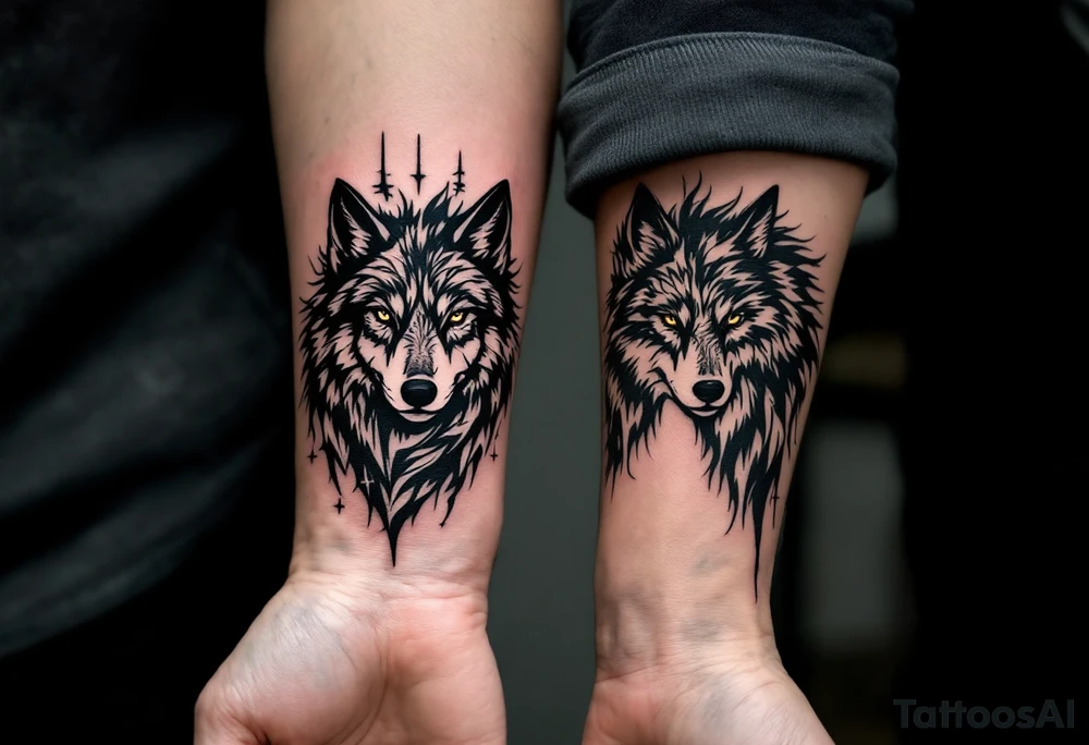 Two matching man and woman tattoos of black and white silhouette wolve on the wrist. tattoo idea