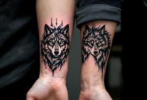 Two matching man and woman tattoos of black and white silhouette wolve on the wrist. tattoo idea