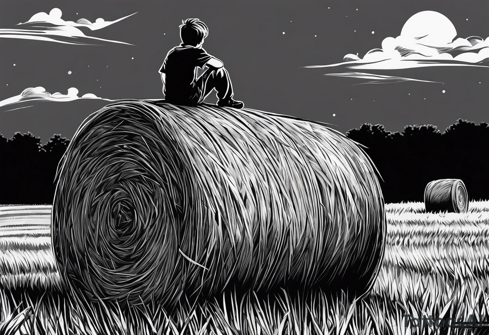 A boy sitting on top of a twisted bale of hay in a field where you can see the same bales of hay in the distance, and a tattoo idea