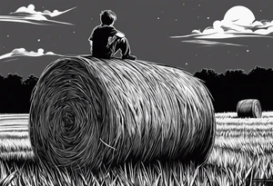 A boy sitting on top of a twisted bale of hay in a field where you can see the same bales of hay in the distance, and a tattoo idea
