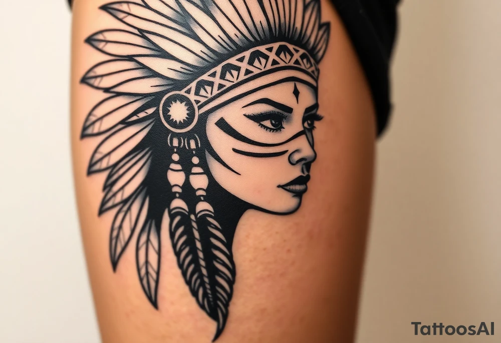 Beautiful, majestic, and noble young native American indian woman with a big bold head dress on and war paint on her face with some kind of background with tribal tattoo idea