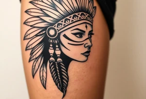 Beautiful, majestic, and noble young native American indian woman with a big bold head dress on and war paint on her face with some kind of background with tribal tattoo idea