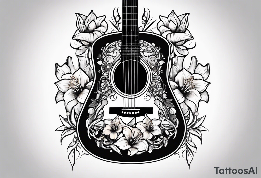 basic black acoustic guitar wrapped with lilies around the neck, with a simple black star on the guitar body. meant for the inside of a woman's bicep tattoo idea