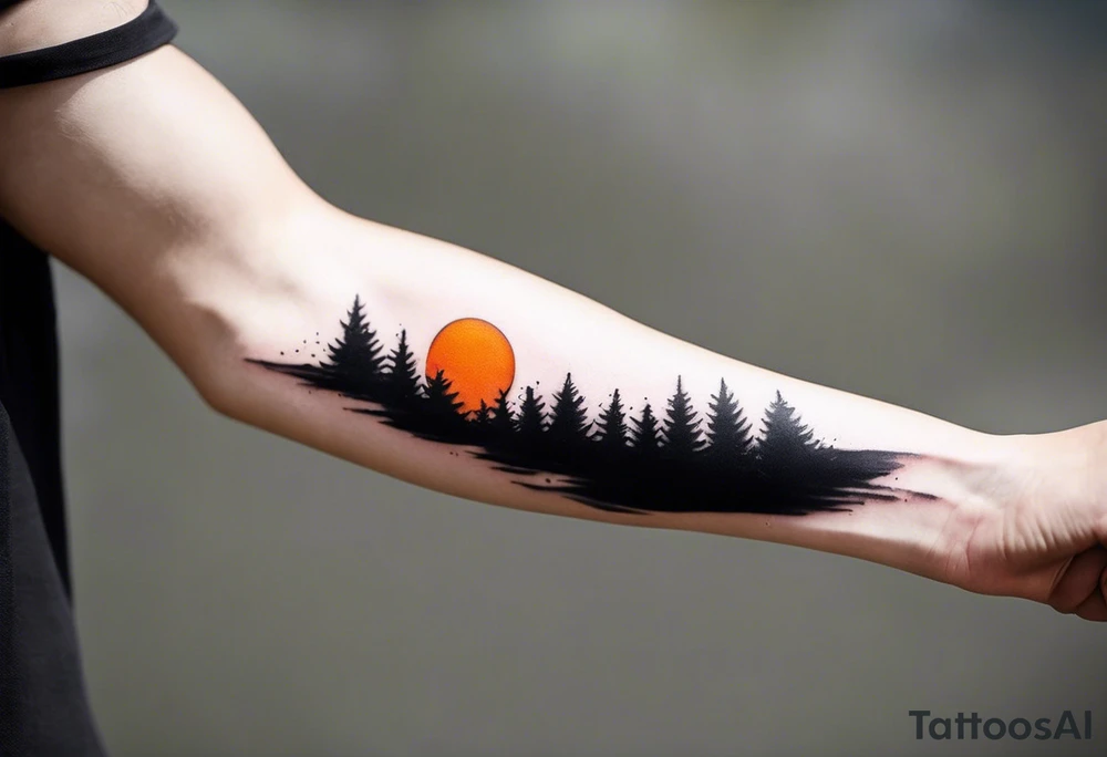 This is an extremely simple and minimalistic tattoo placed on male forearm. It is black and white with tiny splashes of orange from the sun. The tattoo is 4 inches wide by 2 inches tall. From the perspective of being on the ocean, the water is calm, with no waves in sight, the sun is setting behind the ocean, reflecting light onto the water. Most importantly, the tattoo in the shape of a rectangle, 4 inches wide by 2 inches tall. The water has shading. tattoo idea