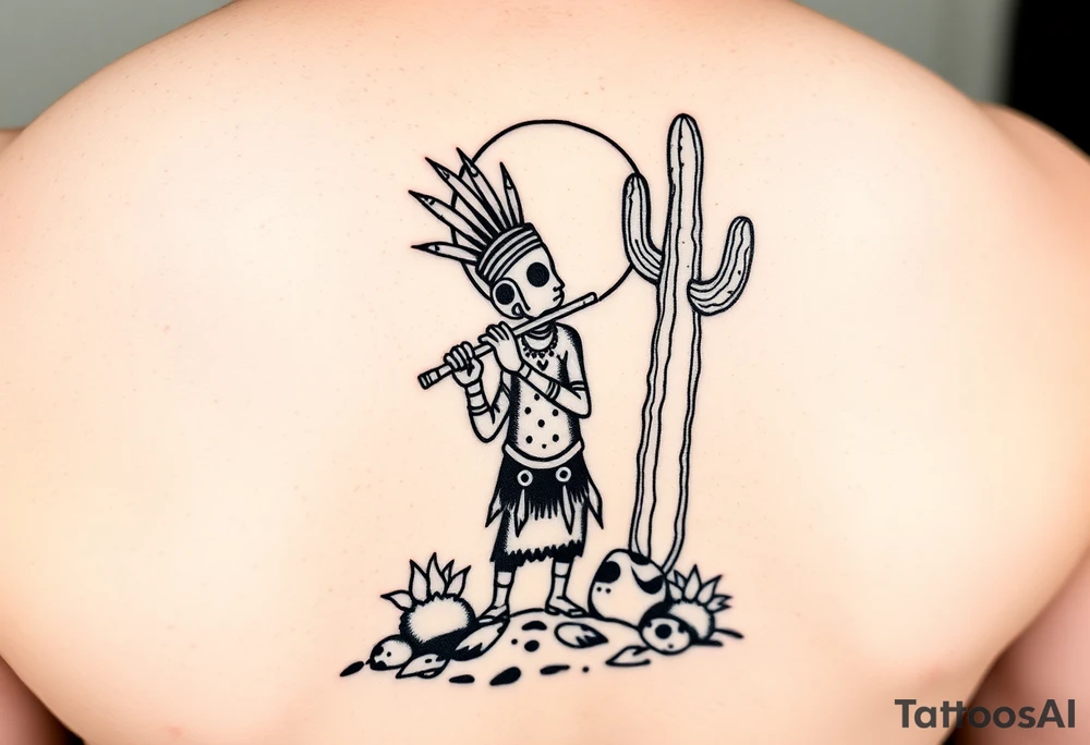 tribal Kokopelli playing flute in desert scene in front of a cactus with sun in the air tattoo idea