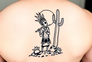 tribal Kokopelli playing flute in desert scene in front of a cactus with sun in the air tattoo idea