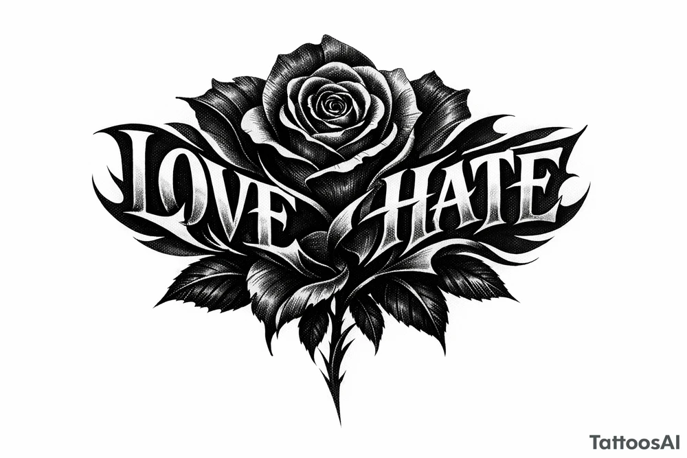 Single rose, petals morphing into bold love and hate lettering. tattoo idea