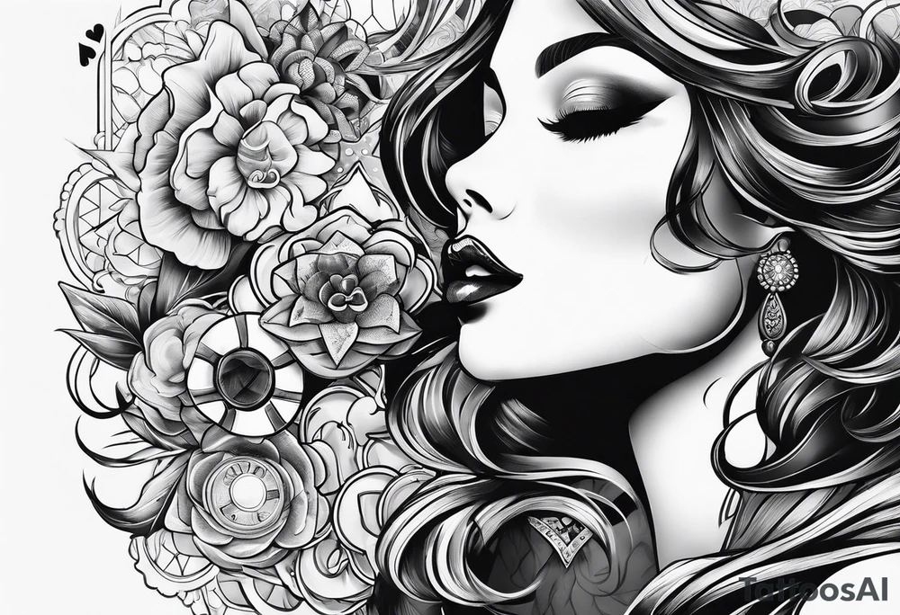 woman with smoke in mouth; poker chips on hand tattoo idea