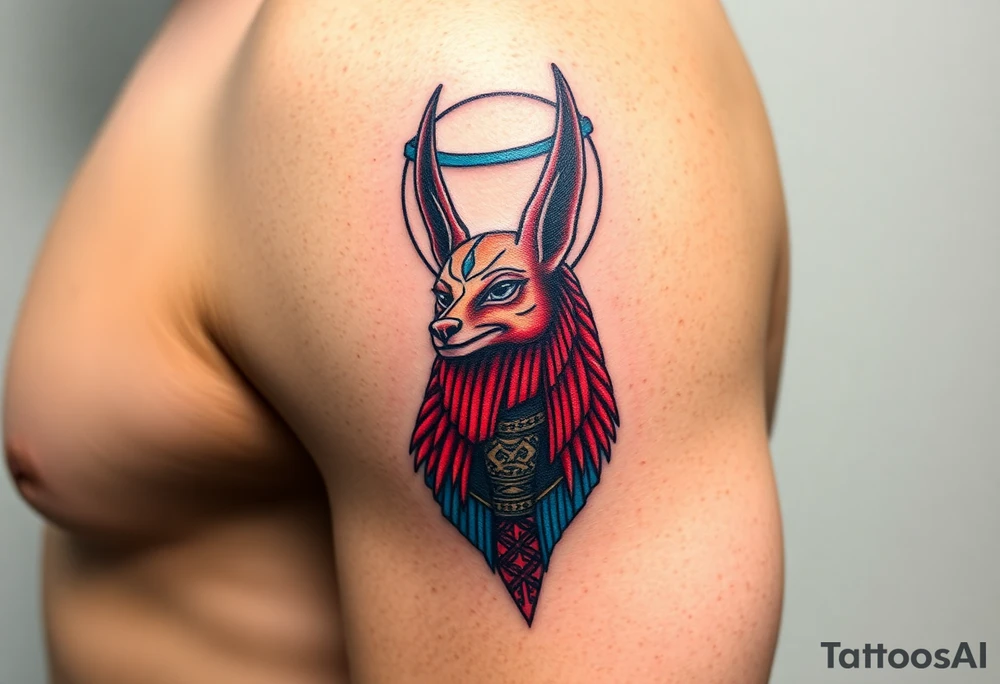 An Anubis with a Halo – Blending Egyptian mythology with Christian spirituality, symbolizing protection and righteousness (Red black and chrome blue are only colors possible) tattoo idea