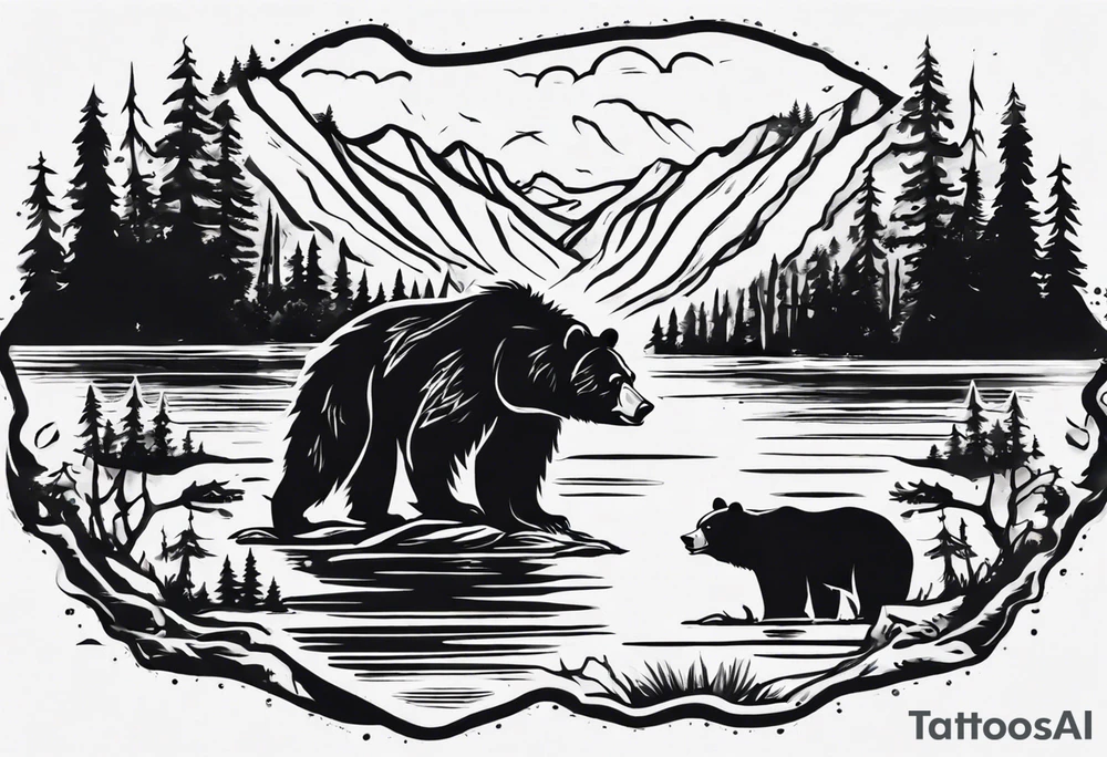 bear, forest, lake, appalachia, arm sleeve tattoo tattoo idea