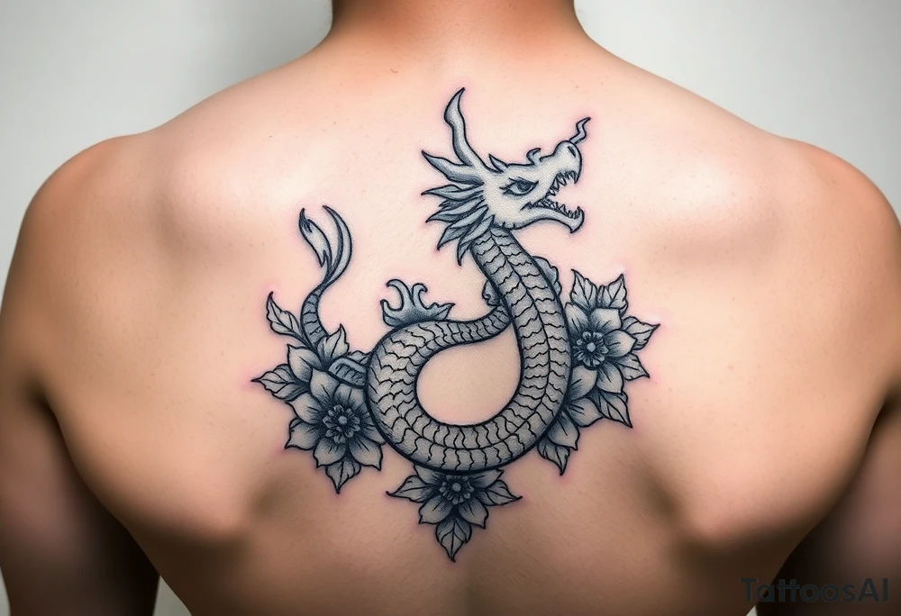 cute dragon with floral design around it tattoo idea