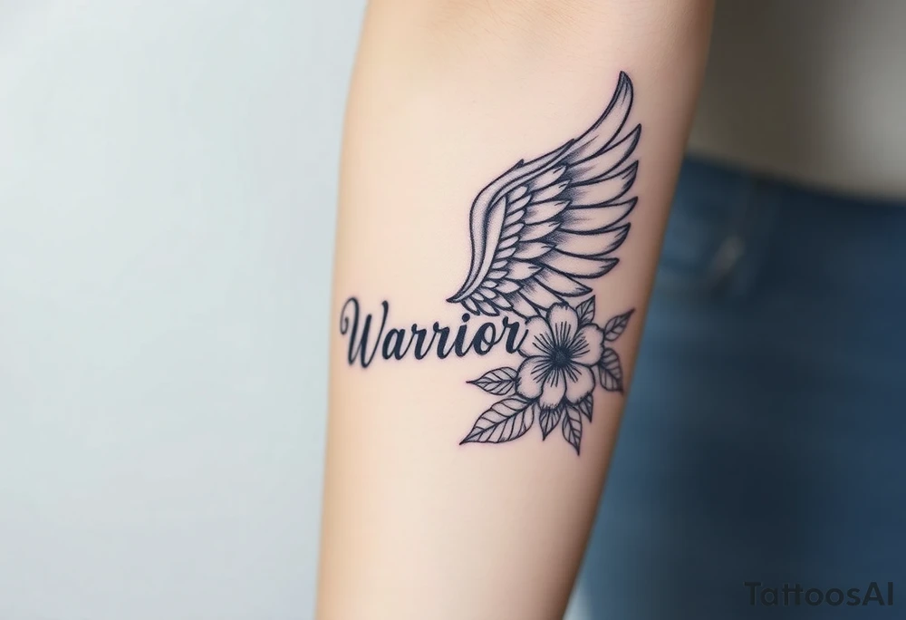 beautiful majestic angel wing with word "Warrior" and bold flowers tattoo idea