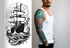 Full sleeve arm tattoo with octopus and sea scene tattoo idea