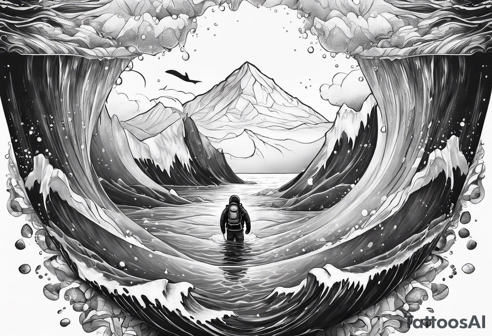 ice berg from above and below with a diver swimming below it tattoo idea