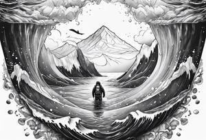 ice berg from above and below with a diver swimming below it tattoo idea