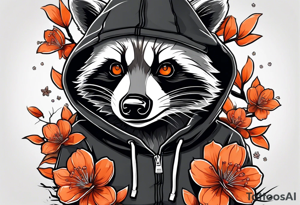 Raccoon wearing a white Superman logo on a black hoodie and orange Japanese cherry blossoms beside tattoo idea