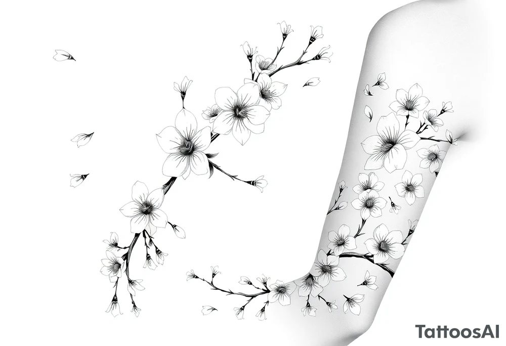 delicate cherry blossoms swirling in spring breeze with petals tattoo idea