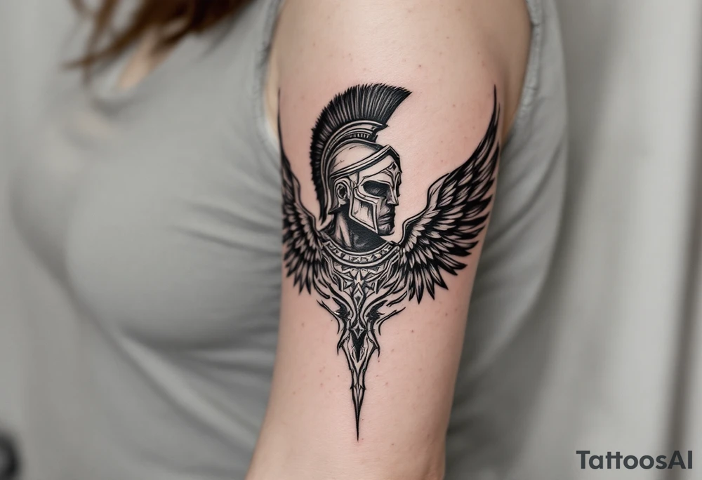 forearm tattoo of a spartan warrior with angel wings tattoo idea