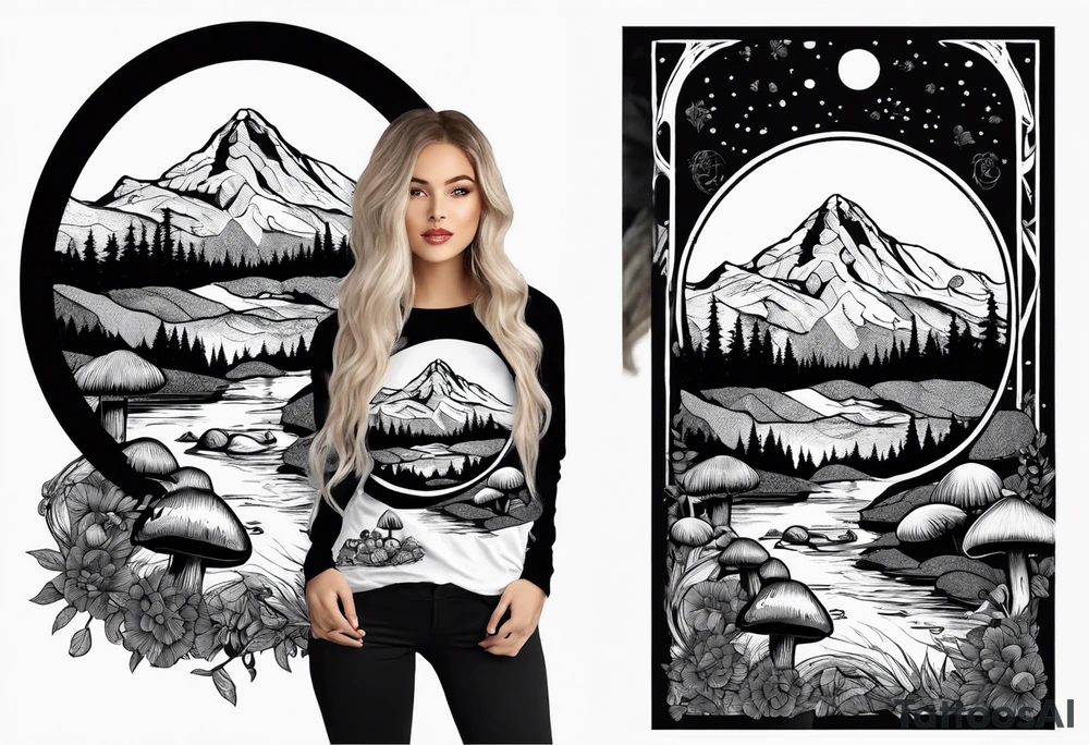 Whole picture encircled fully

Straight long blonde hair hippie girl in distance holding mushrooms in hand facing away toward mountains and creek surrounded by mushrooms long sleeve shirt and hiking pants; whole rendering within a full circle, no cut off circle tattoo idea