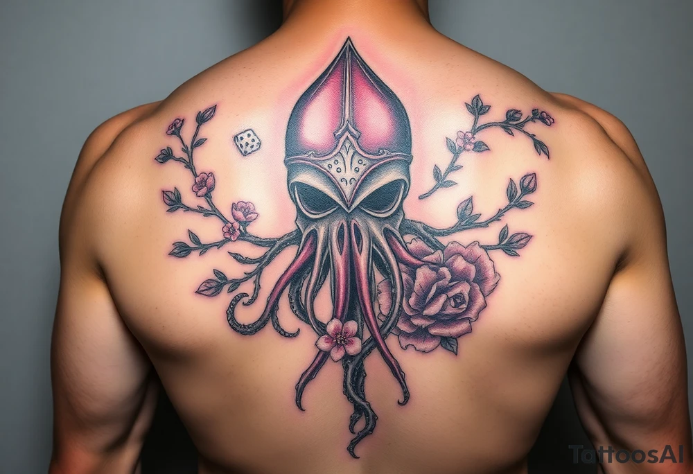 squid knight helmet combined with tree roots, cherry blossoms and roses rolling dice tattoo idea