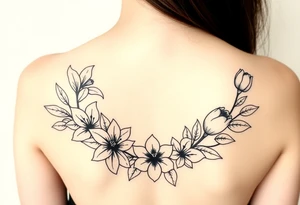 lilies, cherry blossoms and tulips with some leaves in a circular formation tattoo idea