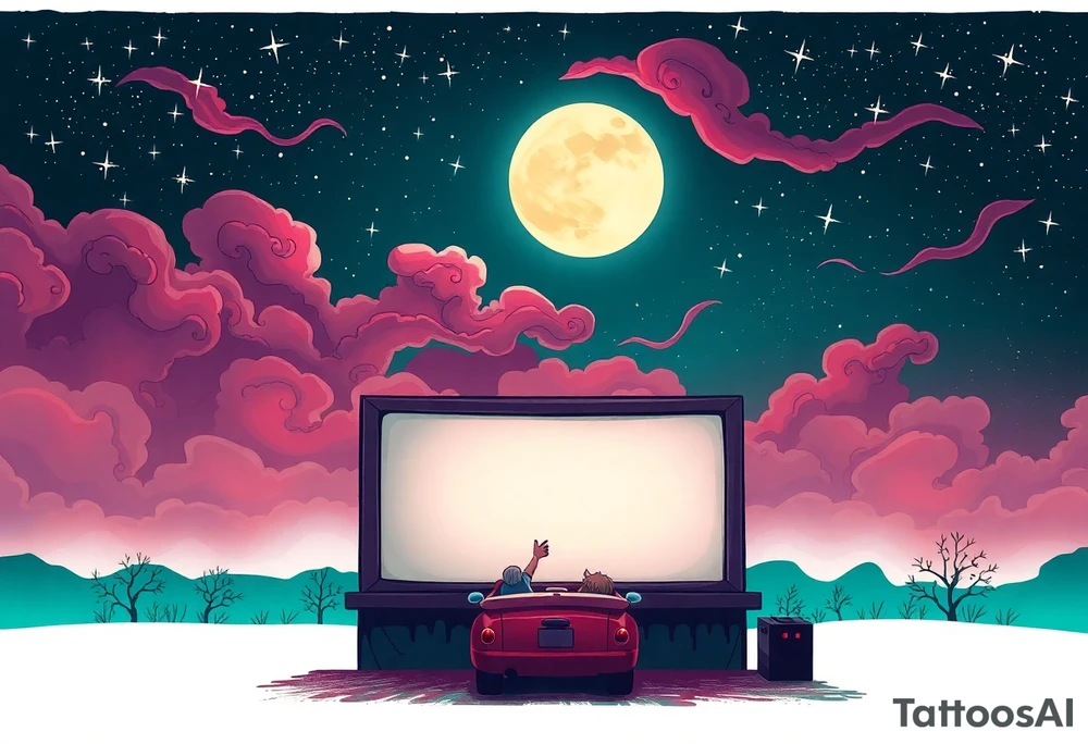Tim Burton’s 40s drive in movie from outside view and dripping with muted reds, dusty pinks, and eerie green glow purple and cyan smokey clouds swirl and dance in the moonlit night sky filled with twinkling stars  tattoo idea tattoo idea