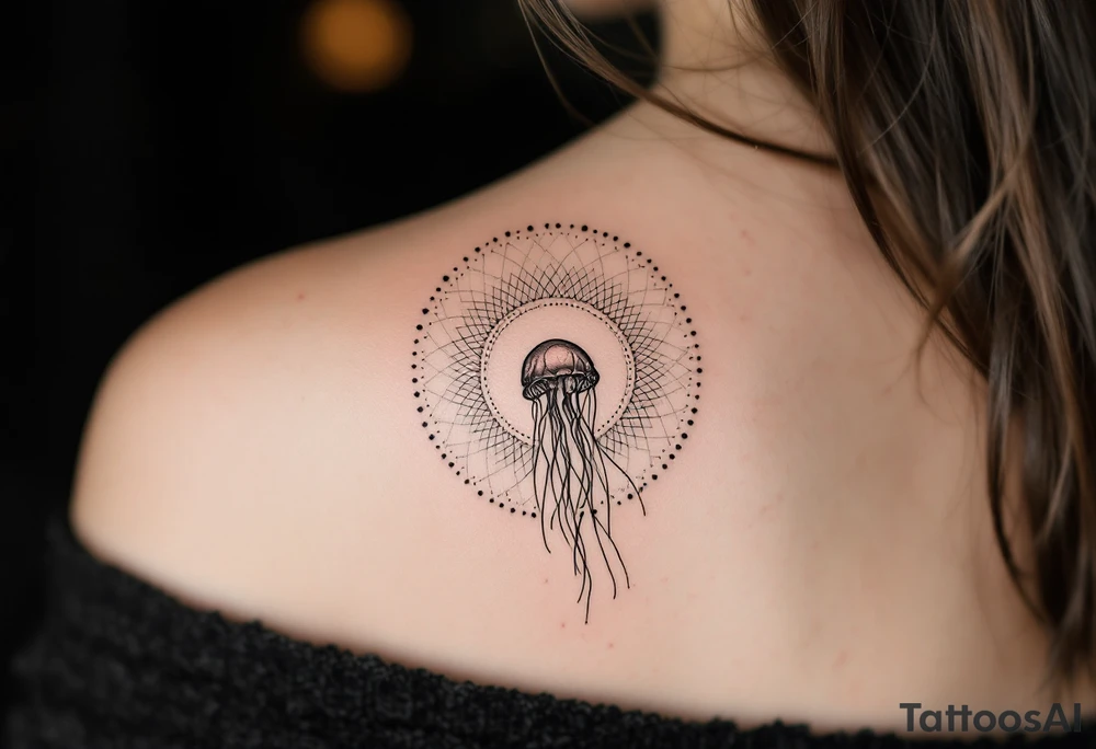 minimal fine-line tattoo, single jellyfish, sacred geometry surround, dotwork patterns, jellyfish bell dome, flowing tentacles, trailing streamers, geometric mandala, radiating dotwork, minimalist design, black grey lines, soft shading, no outlines, geometric frame, organic jellyfish form, upper arm shoulder placement, light airy feel, delicate linework, geometric backdrop, clean lines, radiating patterns, simple jellyfish centerpiece, minimalist, psychedelic, not symmetrical tattoo idea