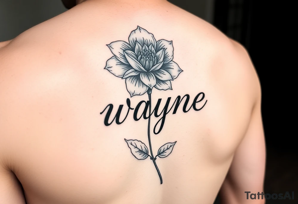 flower with a stem going into the name wayne in cursive on rib cage tattoo idea